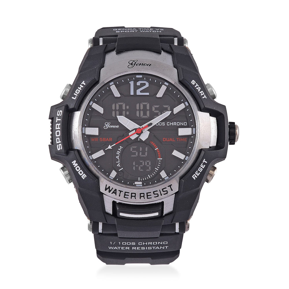 GENOA TIME V2 PC21S-Japanese & Electronic Movt. 5ATM Water Resistant Black Multifunctional Literal with LED Mens Watch with Black Strap & Stainless Steel Buckle