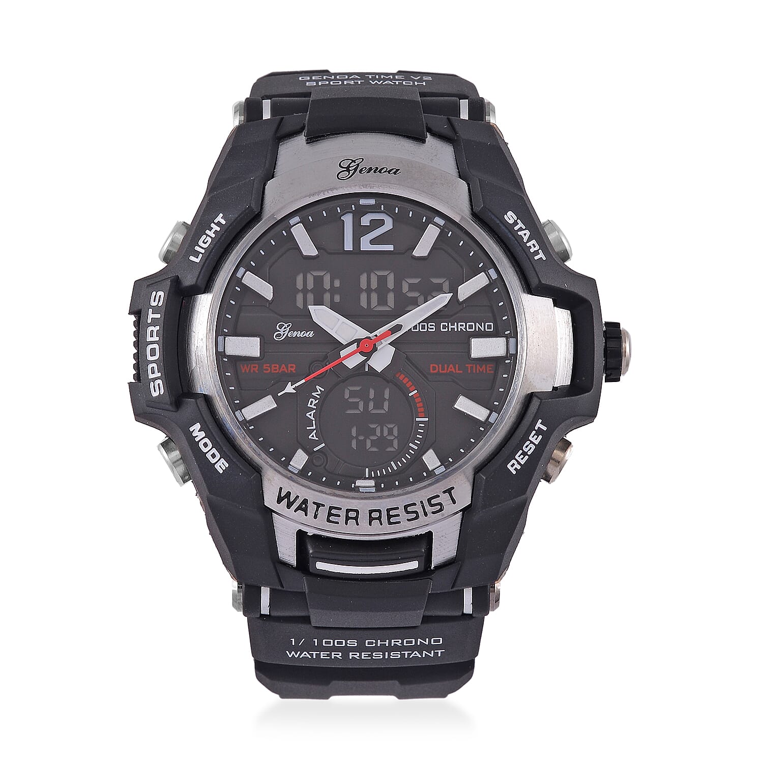 GENOA TIME V2 PC21S-Japanese & Electronic Movt. 5ATM Water Resistant Black Multifunctional Literal with LED Mens Watch with Black Strap & Stainless Steel Buckle