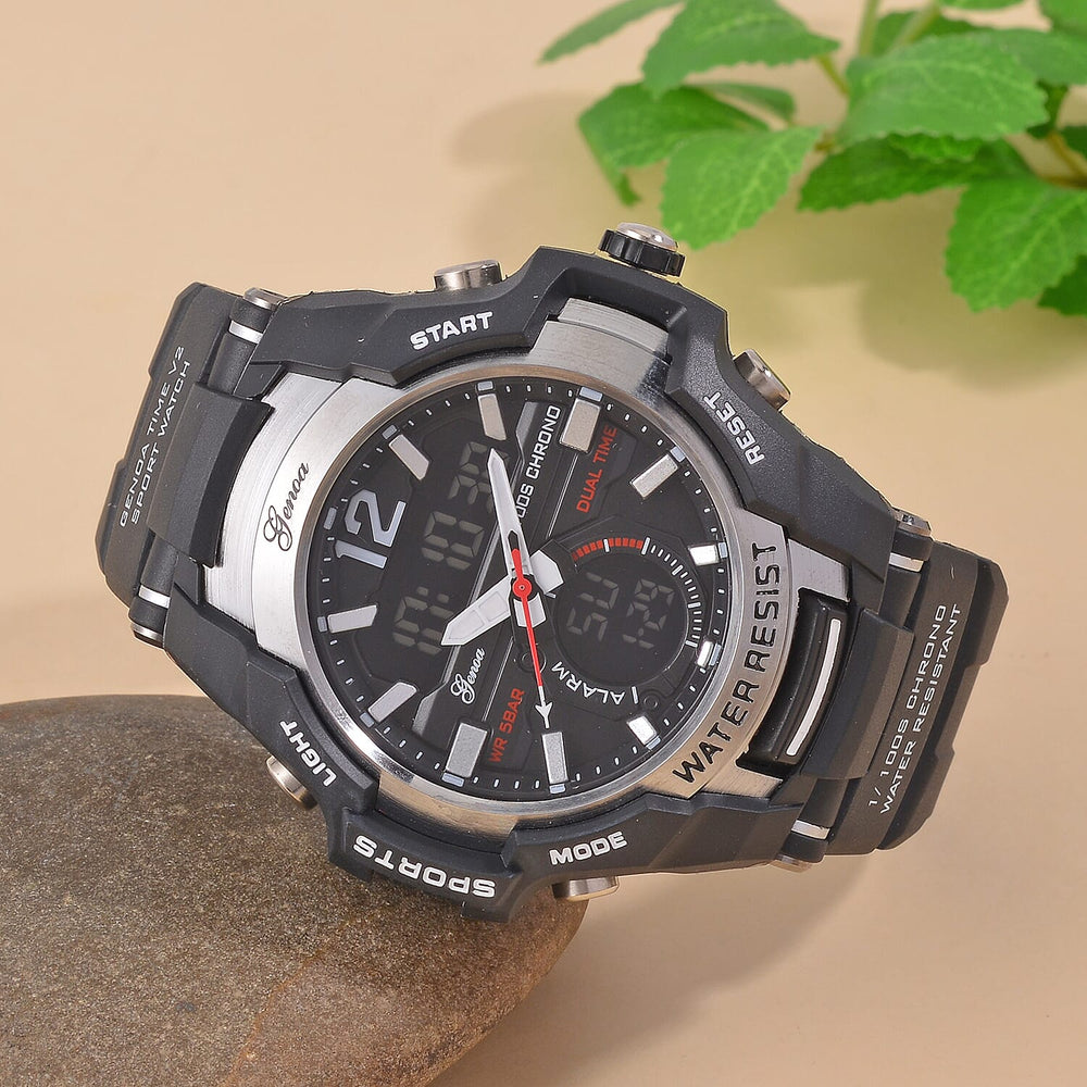 GENOA TIME V2 PC21S-Japanese & Electronic Movt. 5ATM Water Resistant Black Multifunctional Literal with LED Mens Watch with Black Strap & Stainless Steel Buckle