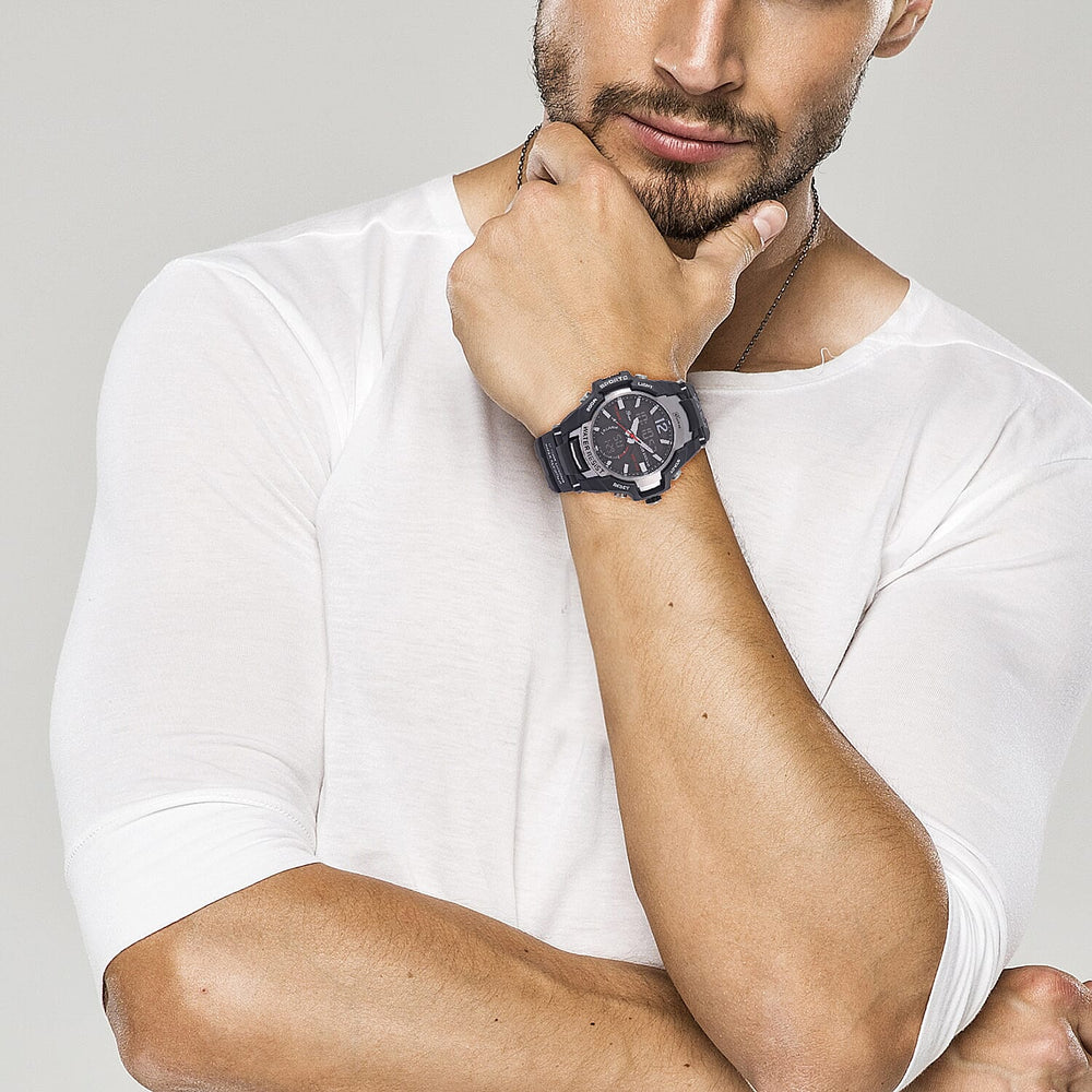 GENOA TIME V2 PC21S-Japanese & Electronic Movt. 5ATM Water Resistant Black Multifunctional Literal with LED Mens Watch with Black Strap & Stainless Steel Buckle