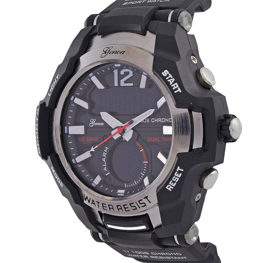 GENOA TIME V2 PC21S-Japanese & Electronic Movt. 5ATM Water Resistant Black Multifunctional Literal with LED Mens Watch with Black Strap & Stainless Steel Buckle