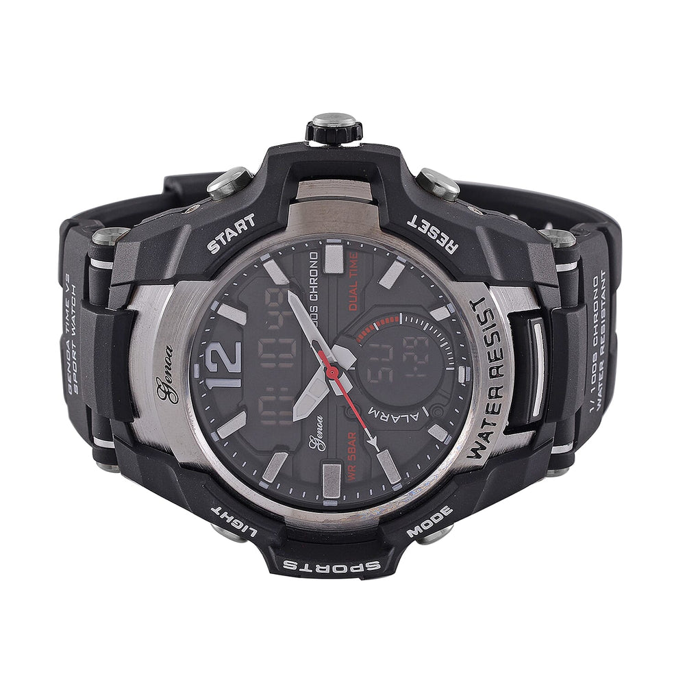 GENOA TIME V2 PC21S-Japanese & Electronic Movt. 5ATM Water Resistant Black Multifunctional Literal with LED Mens Watch with Black Strap & Stainless Steel Buckle