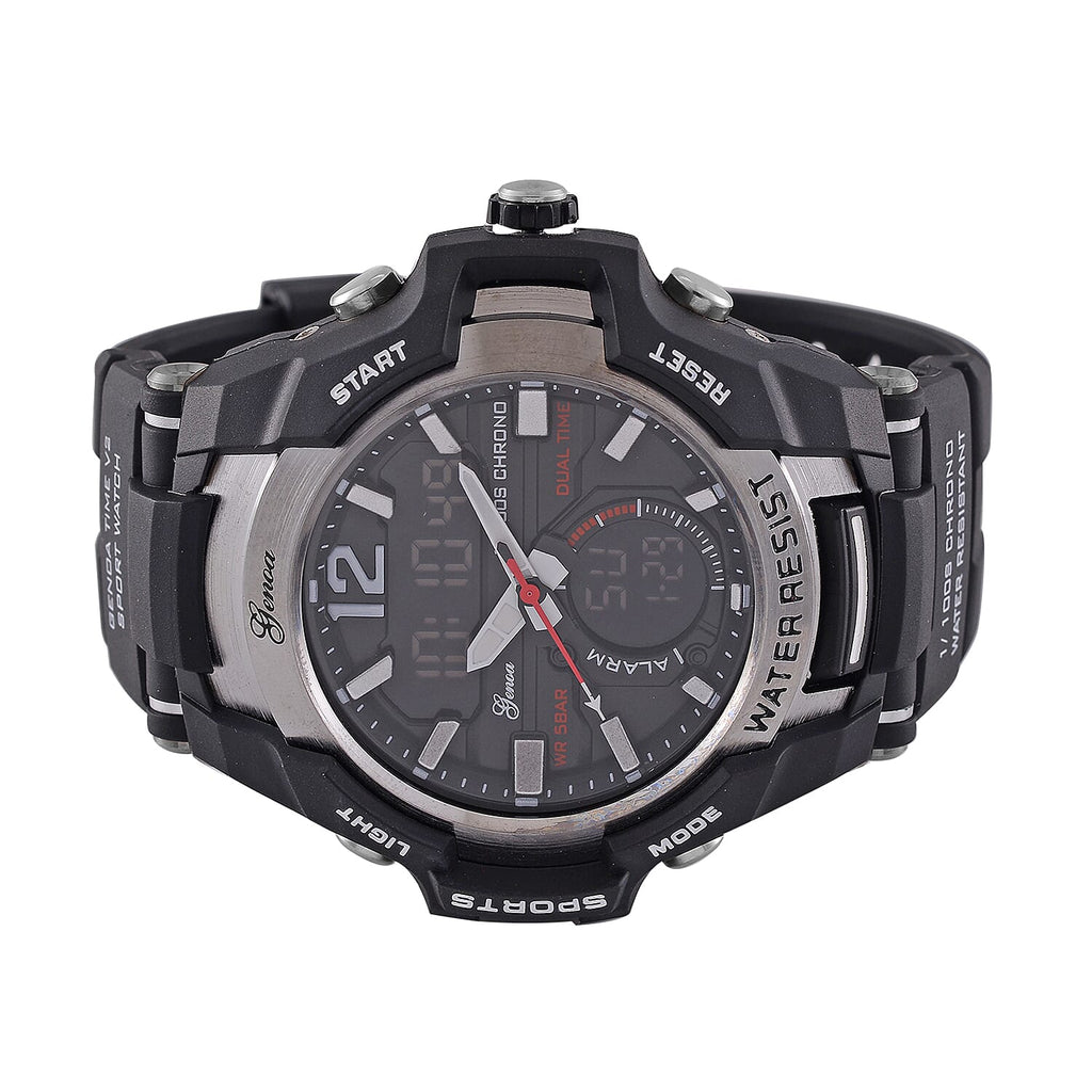 GENOA TIME V2 PC21S-Japanese & Electronic Movt. 5ATM Water Resistant Black Multifunctional Literal with LED Mens Watch with Black Strap & Stainless Steel Buckle