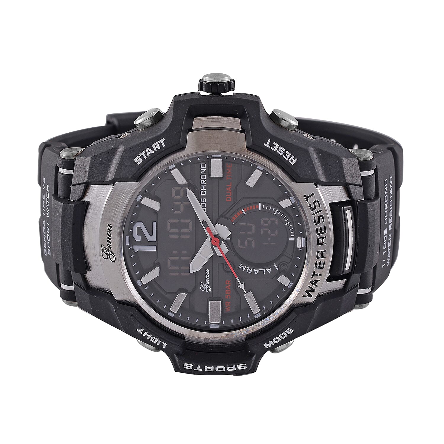 GENOA TIME V2 PC21S-Japanese & Electronic Movt. 5ATM Water Resistant Black Multifunctional Literal with LED Mens Watch with Black Strap & Stainless Steel Buckle