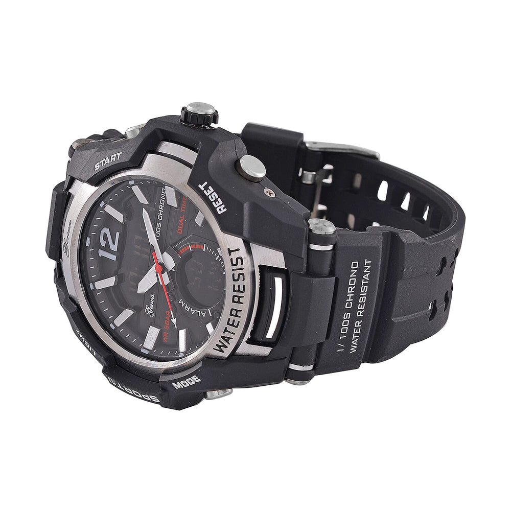 GENOA TIME V2 PC21S-Japanese & Electronic Movt. 5ATM Water Resistant Black Multifunctional Literal with LED Mens Watch with Black Strap & Stainless Steel Buckle