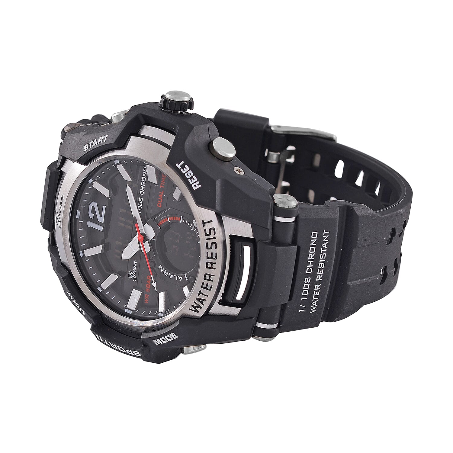 GENOA TIME V2 PC21S-Japanese & Electronic Movt. 5ATM Water Resistant Black Multifunctional Literal with LED Mens Watch with Black Strap & Stainless Steel Buckle
