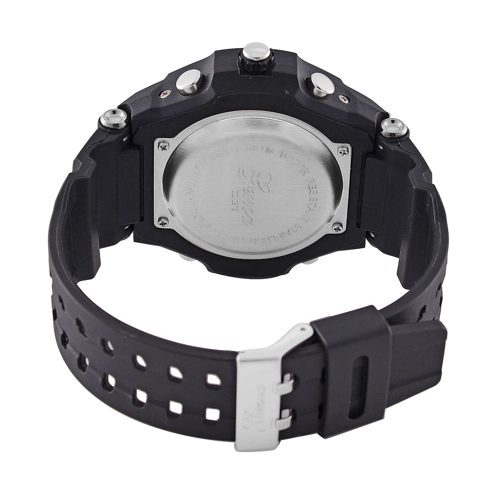 GENOA TIME V2 PC21S-Japanese & Electronic Movt. 5ATM Water Resistant Black Multifunctional Literal with LED Mens Watch with Black Strap & Stainless Steel Buckle