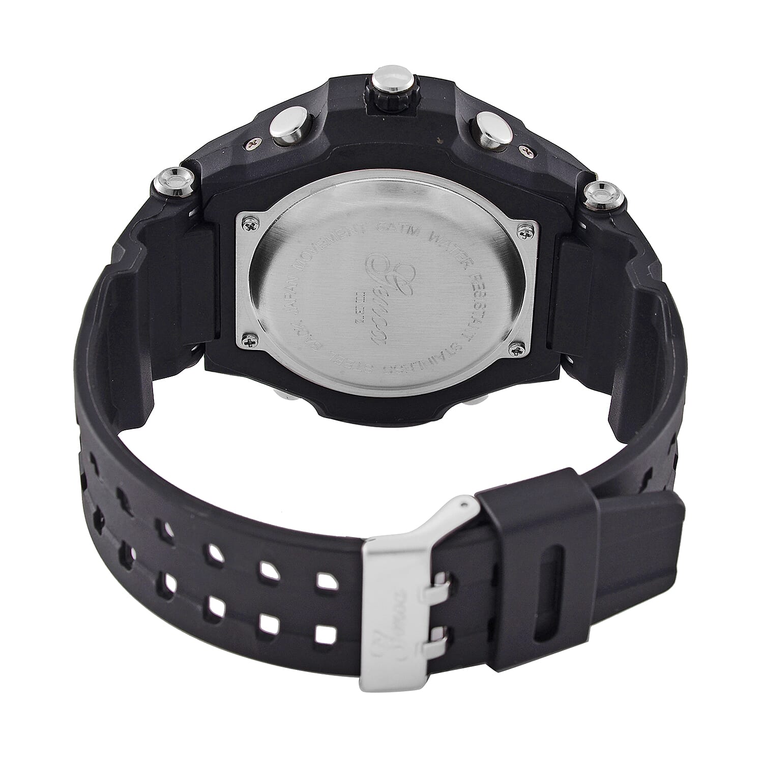 GENOA TIME V2 PC21S-Japanese & Electronic Movt. 5ATM Water Resistant Black Multifunctional Literal with LED Mens Watch with Black Strap & Stainless Steel Buckle