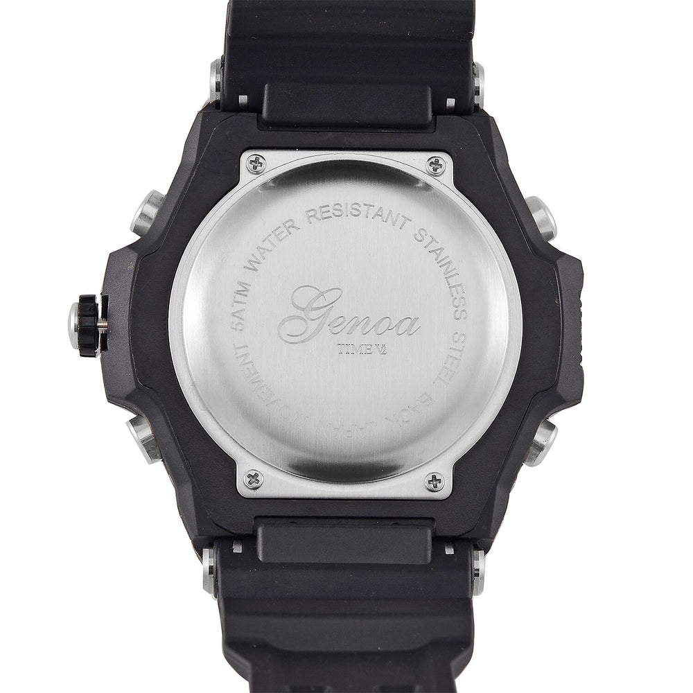 GENOA TIME V2 PC21S-Japanese & Electronic Movt. 5ATM Water Resistant Black Multifunctional Literal with LED Mens Watch with Black Strap & Stainless Steel Buckle