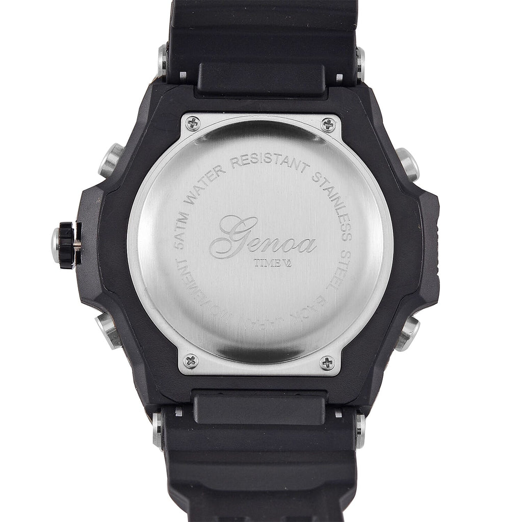 GENOA TIME V2 PC21S-Japanese & Electronic Movt. 5ATM Water Resistant Black Multifunctional Literal with LED Mens Watch with Black Strap & Stainless Steel Buckle