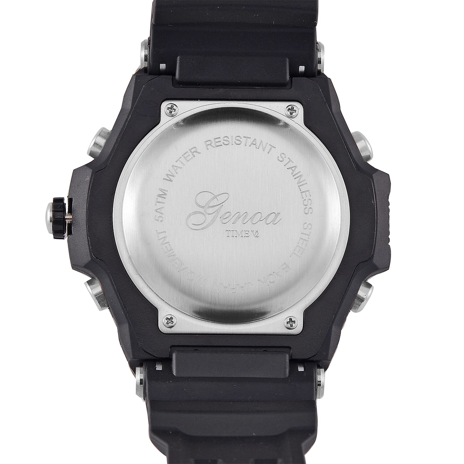 GENOA TIME V2 PC21S-Japanese & Electronic Movt. 5ATM Water Resistant Black Multifunctional Literal with LED Mens Watch with Black Strap & Stainless Steel Buckle