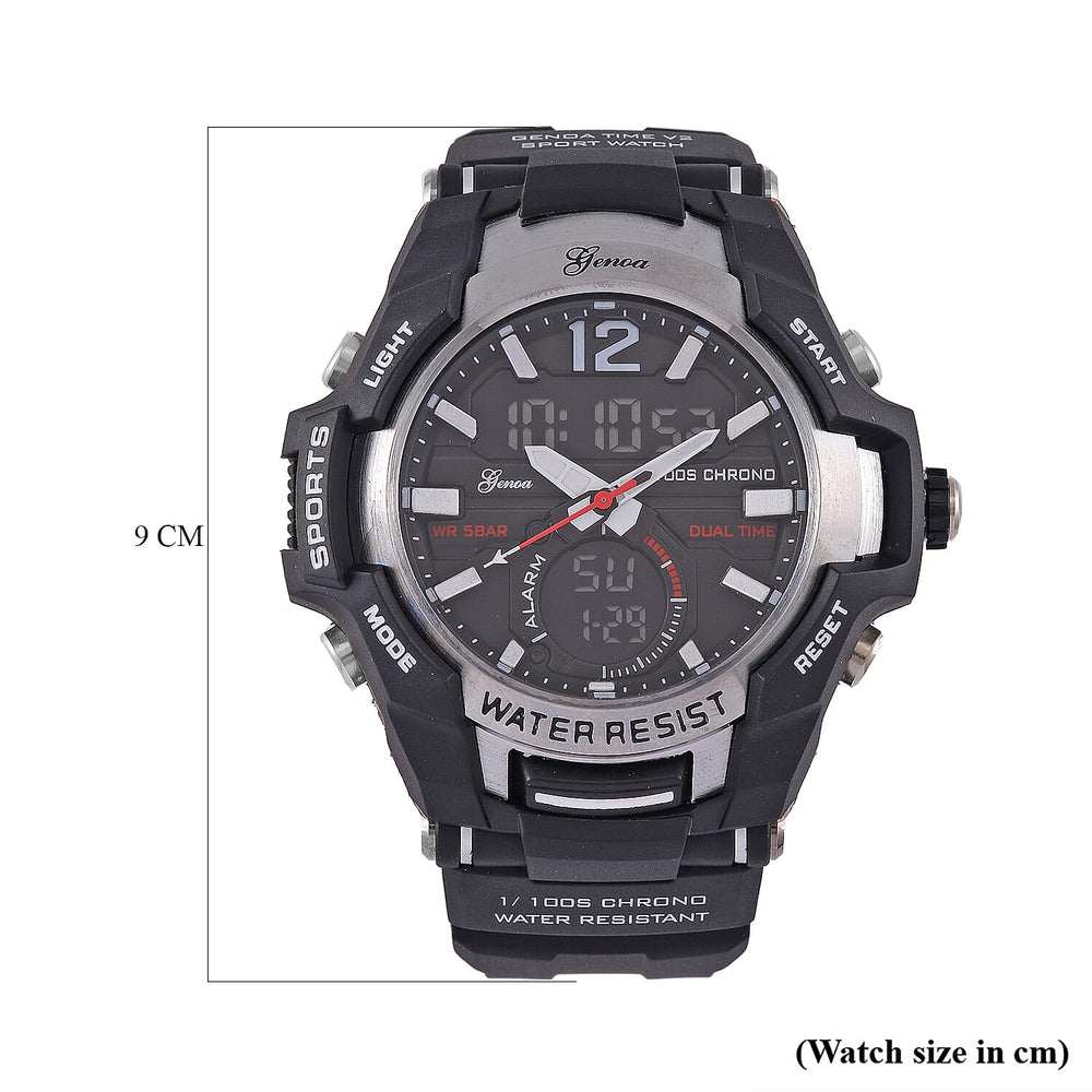 GENOA TIME V2 PC21S-Japanese & Electronic Movt. 5ATM Water Resistant Black Multifunctional Literal with LED Mens Watch with Black Strap & Stainless Steel Buckle