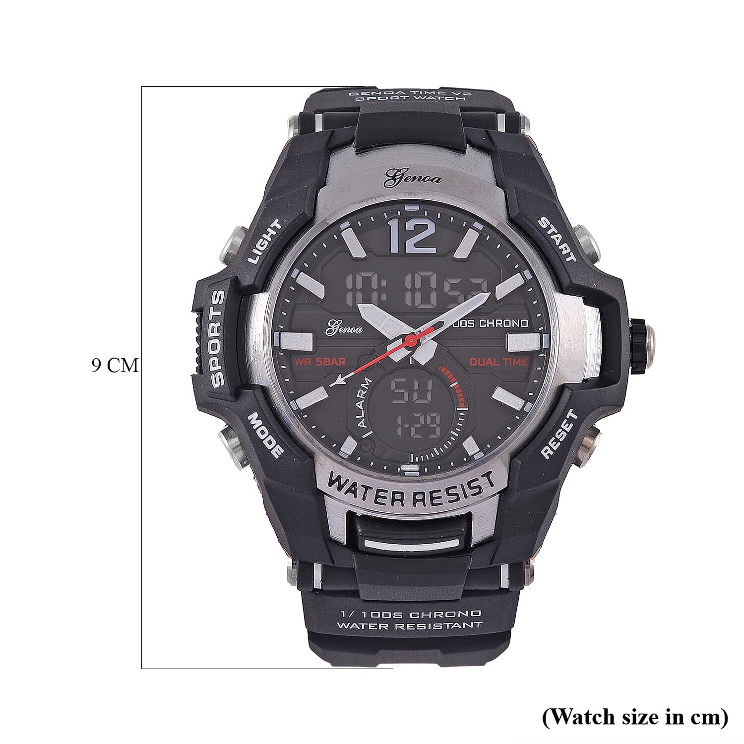 GENOA TIME V2 PC21S-Japanese & Electronic Movt. 5ATM Water Resistant Black Multifunctional Literal with LED Mens Watch with Black Strap & Stainless Steel Buckle
