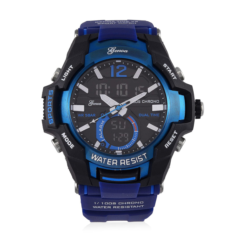 GENOA TIME V2 PC21S-Japanese & Electronic Movt. 5ATM Water Resistant Black Multifunctional Literal with LED Mens Watch with Blue Strap & Stainless Steel Buckle