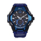 GENOA TIME V2 PC21S-Japanese & Electronic Movt. 5ATM Water Resistant Black Multifunctional Literal with LED Mens Watch with Blue Strap & Stainless Steel Buckle