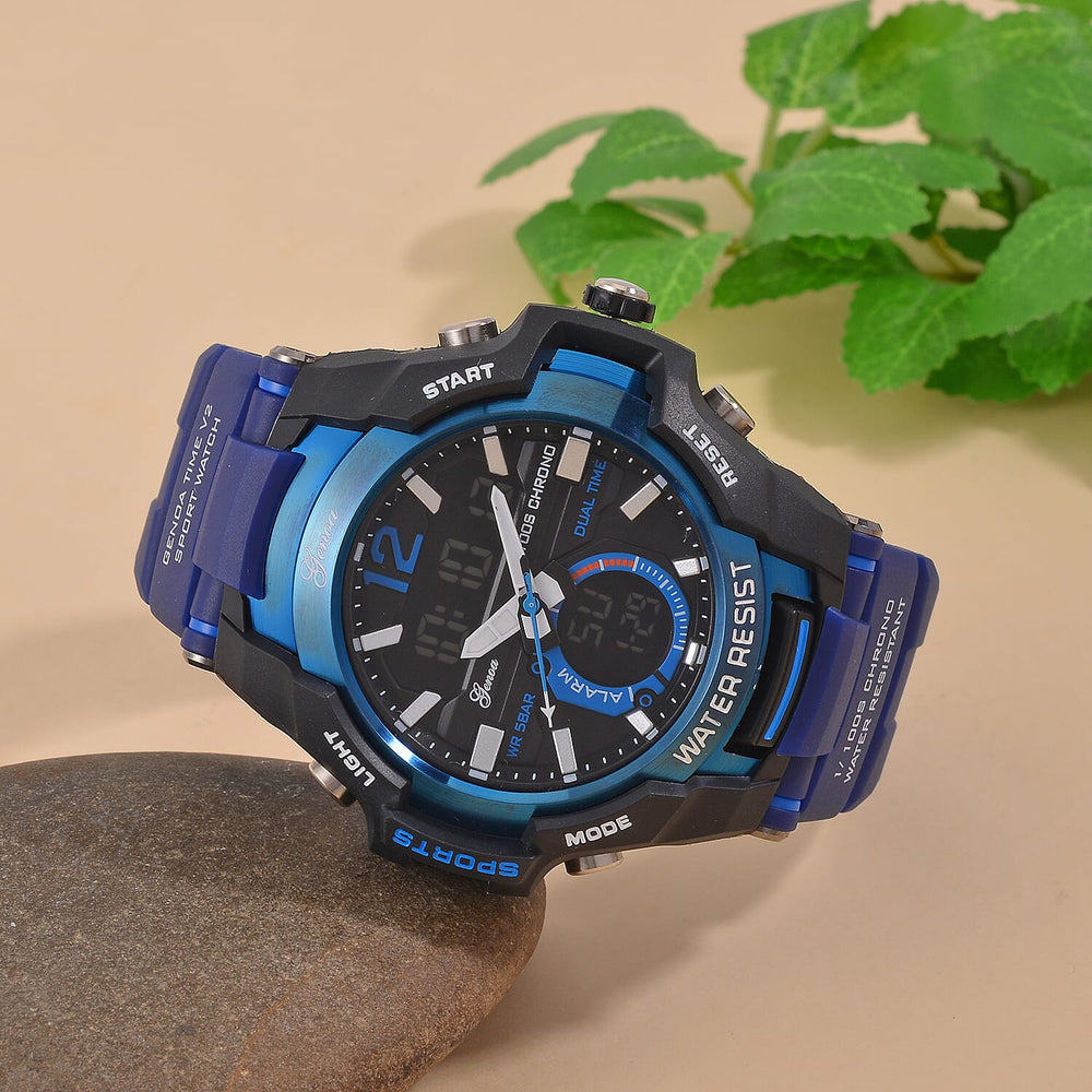 GENOA TIME V2 PC21S-Japanese & Electronic Movt. 5ATM Water Resistant Black Multifunctional Literal with LED Mens Watch with Blue Strap & Stainless Steel Buckle