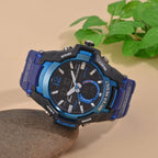 GENOA TIME V2 PC21S-Japanese & Electronic Movt. 5ATM Water Resistant Black Multifunctional Literal with LED Mens Watch with Blue Strap & Stainless Steel Buckle