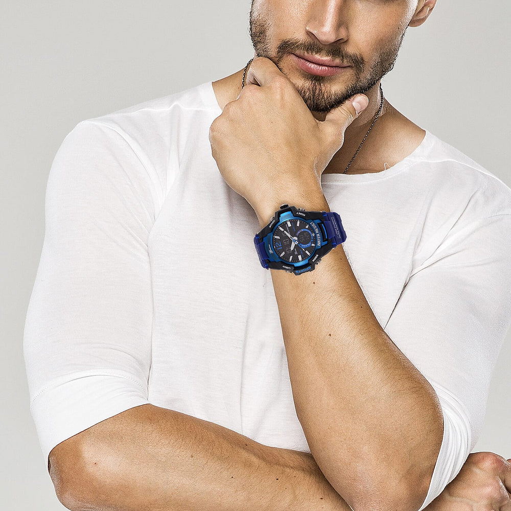 GENOA TIME V2 PC21S-Japanese & Electronic Movt. 5ATM Water Resistant Black Multifunctional Literal with LED Mens Watch with Blue Strap & Stainless Steel Buckle