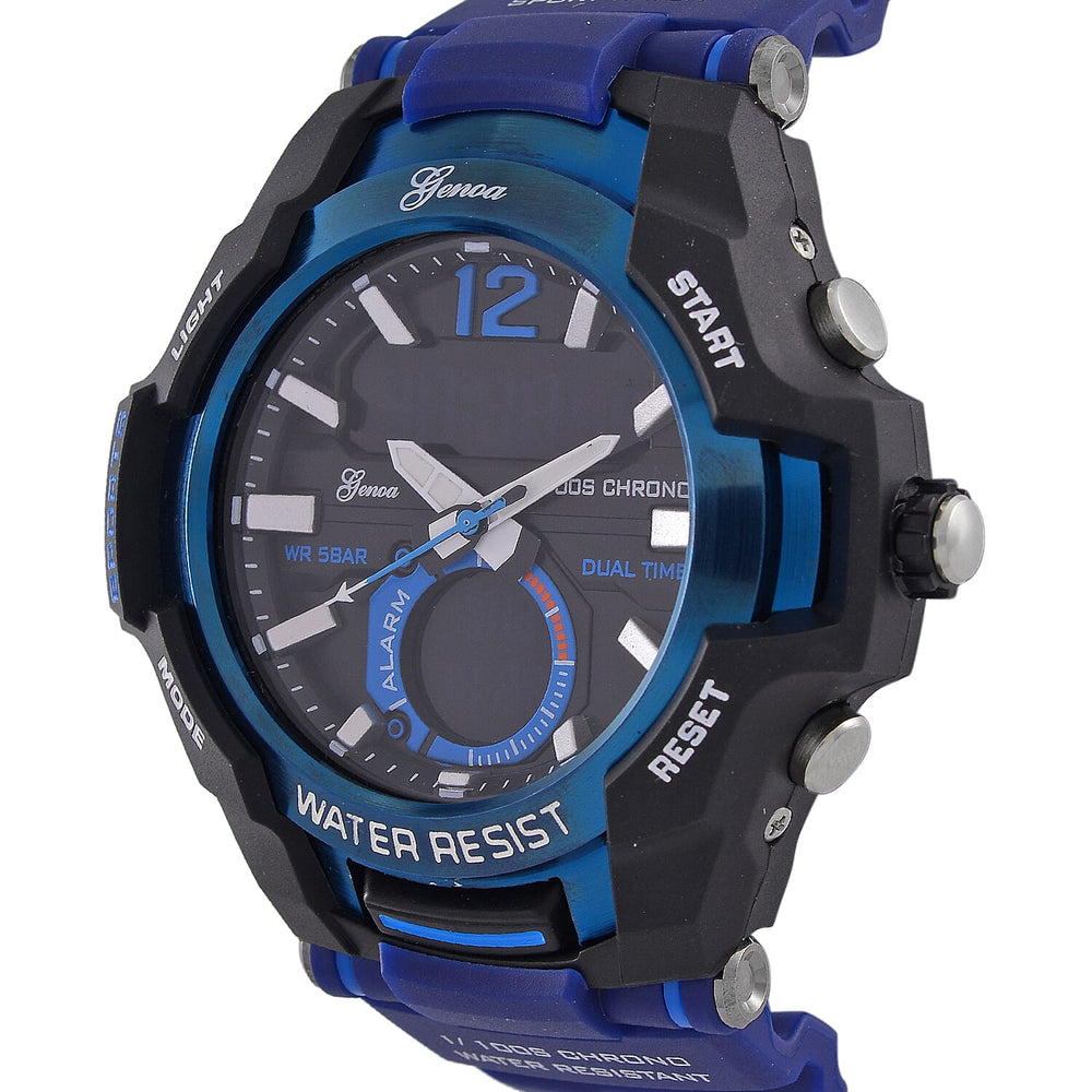 GENOA TIME V2 PC21S-Japanese & Electronic Movt. 5ATM Water Resistant Black Multifunctional Literal with LED Mens Watch with Blue Strap & Stainless Steel Buckle