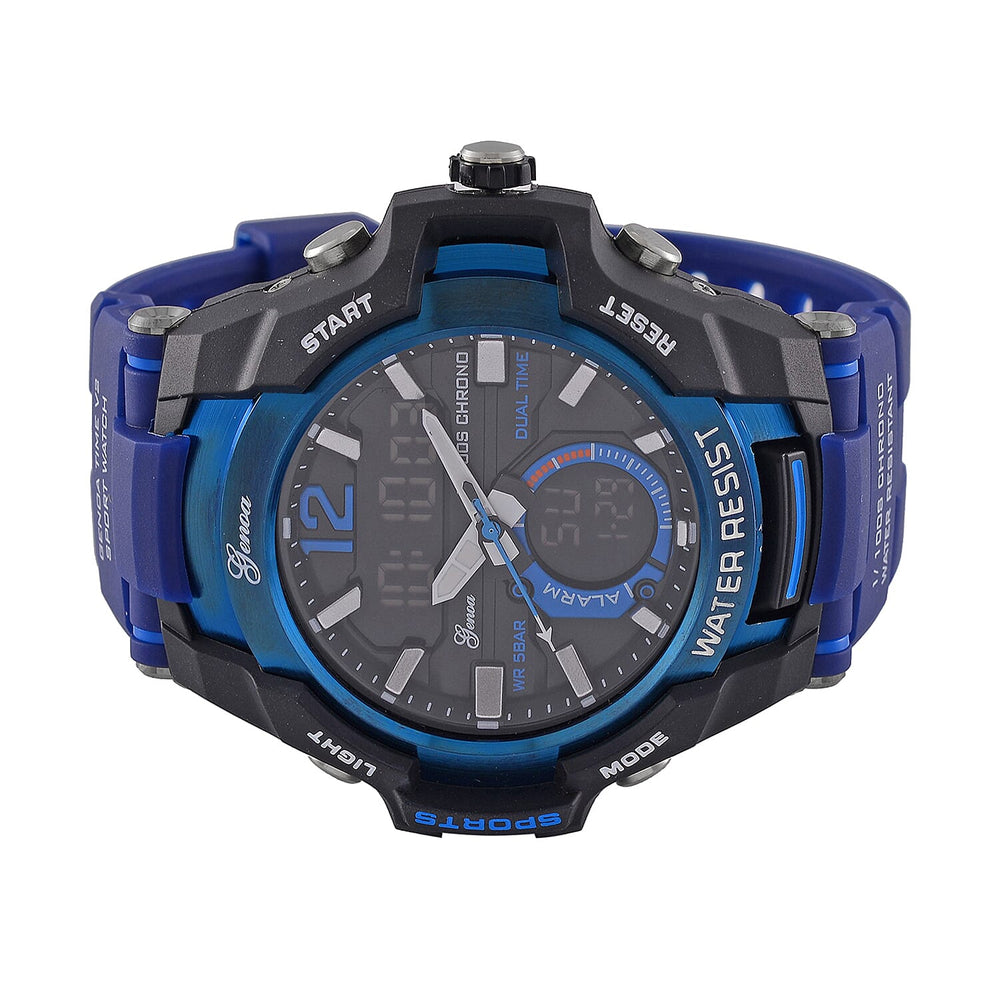 GENOA TIME V2 PC21S-Japanese & Electronic Movt. 5ATM Water Resistant Black Multifunctional Literal with LED Mens Watch with Blue Strap & Stainless Steel Buckle
