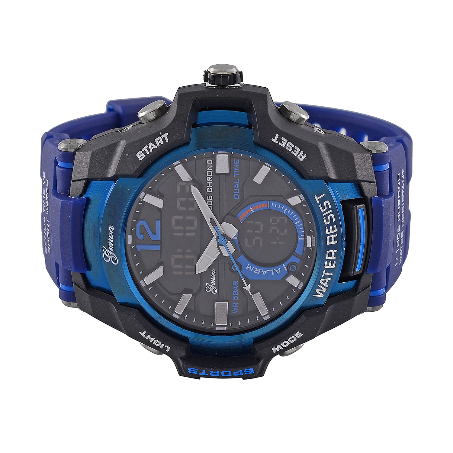 GENOA TIME V2 PC21S-Japanese & Electronic Movt. 5ATM Water Resistant Black Multifunctional Literal with LED Mens Watch with Blue Strap & Stainless Steel Buckle