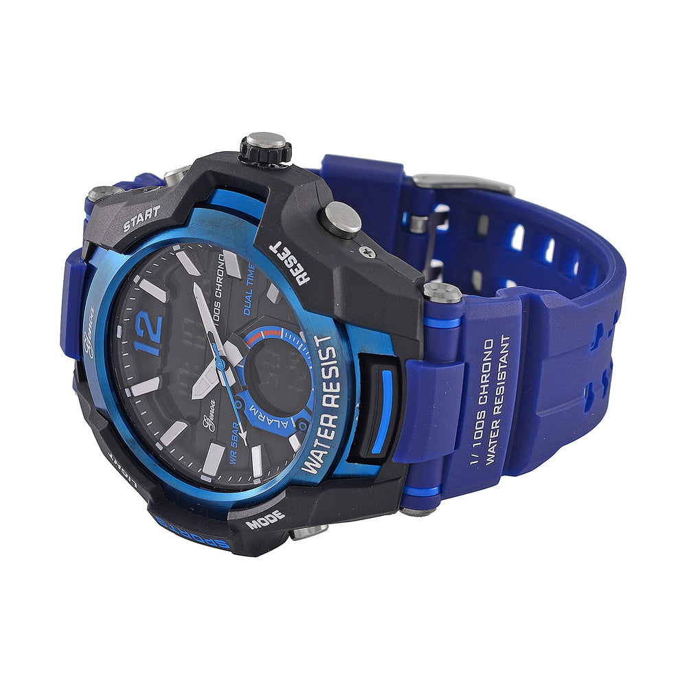 GENOA TIME V2 PC21S-Japanese & Electronic Movt. 5ATM Water Resistant Black Multifunctional Literal with LED Mens Watch with Blue Strap & Stainless Steel Buckle