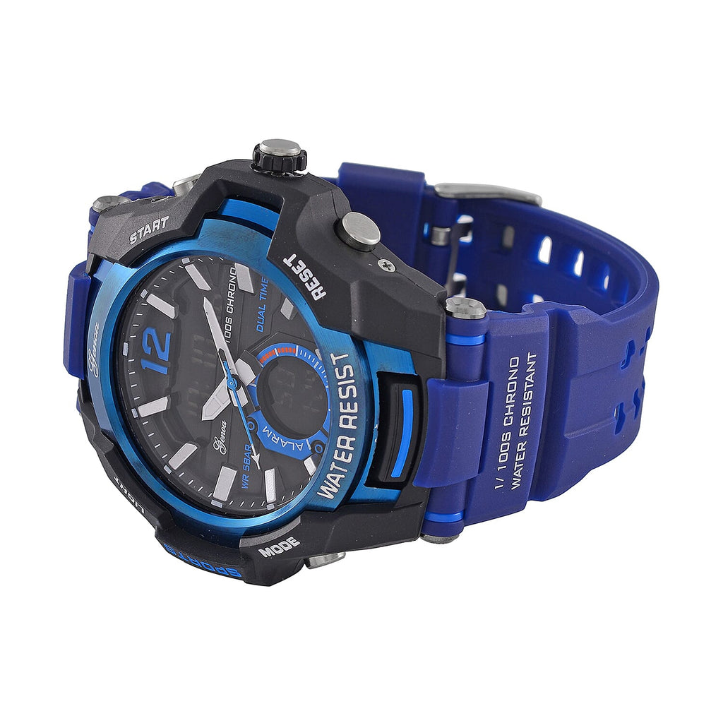 GENOA TIME V2 PC21S-Japanese & Electronic Movt. 5ATM Water Resistant Black Multifunctional Literal with LED Mens Watch with Blue Strap & Stainless Steel Buckle
