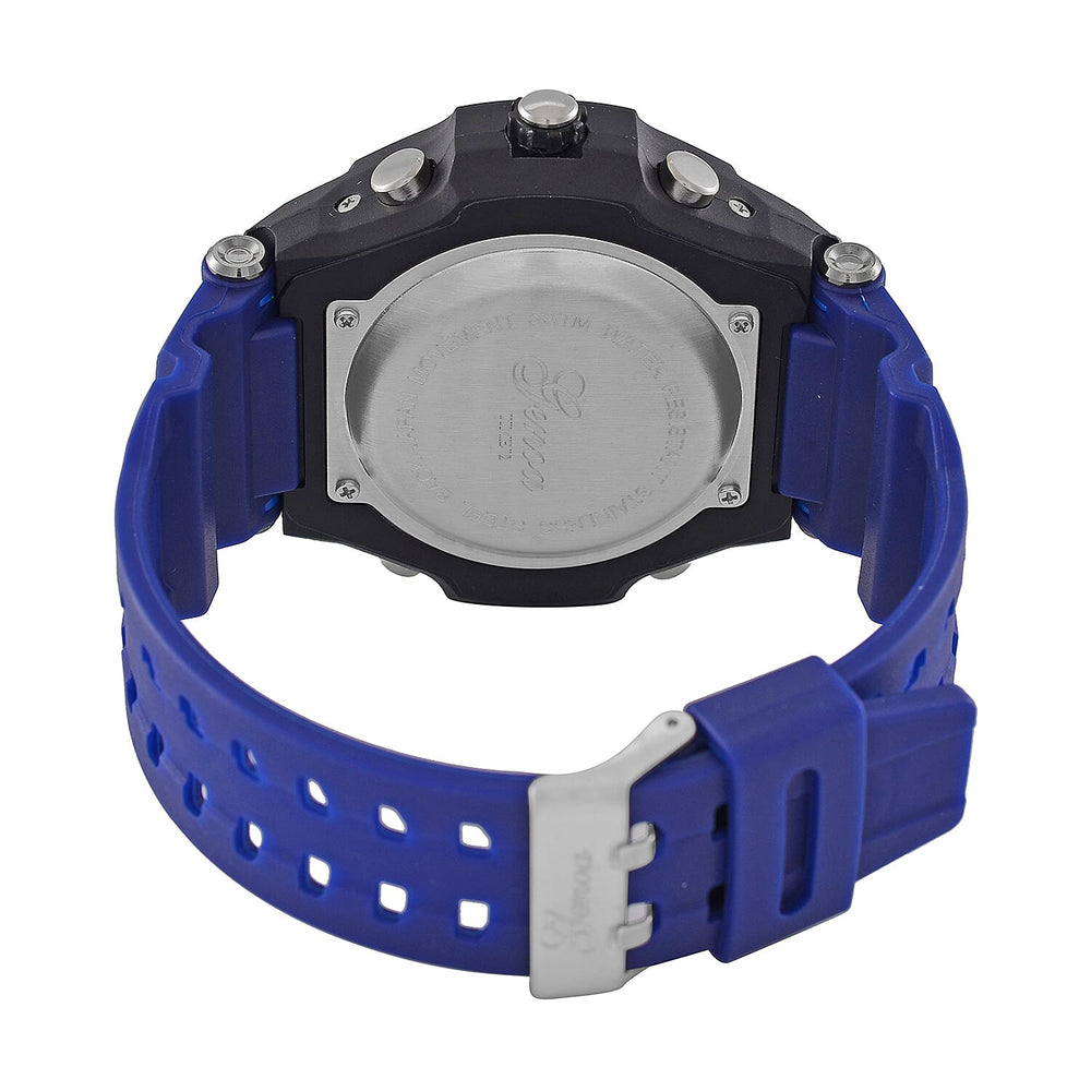 GENOA TIME V2 PC21S-Japanese & Electronic Movt. 5ATM Water Resistant Black Multifunctional Literal with LED Mens Watch with Blue Strap & Stainless Steel Buckle