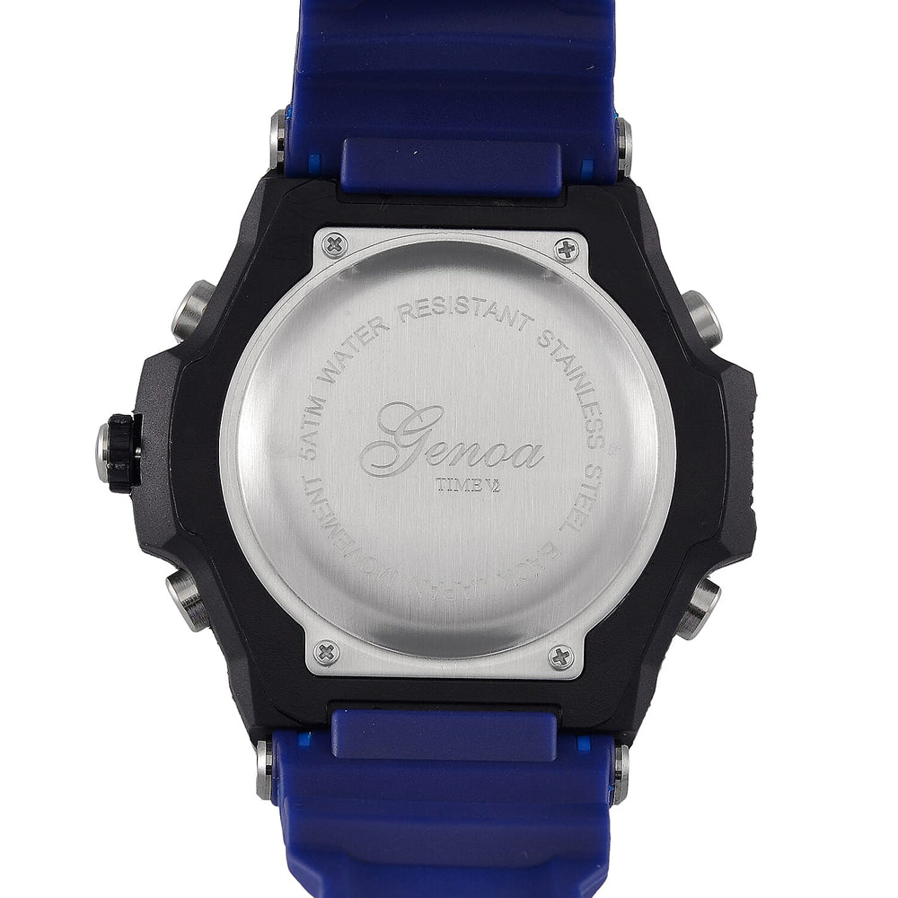 GENOA TIME V2 PC21S-Japanese & Electronic Movt. 5ATM Water Resistant Black Multifunctional Literal with LED Mens Watch with Blue Strap & Stainless Steel Buckle