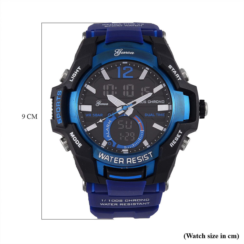 GENOA TIME V2 PC21S-Japanese & Electronic Movt. 5ATM Water Resistant Black Multifunctional Literal with LED Mens Watch with Blue Strap & Stainless Steel Buckle