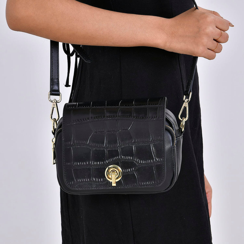 Sencilez Of Barcelona 100% Genuine Leather Croc Emobossed Crossbody Bag - Black