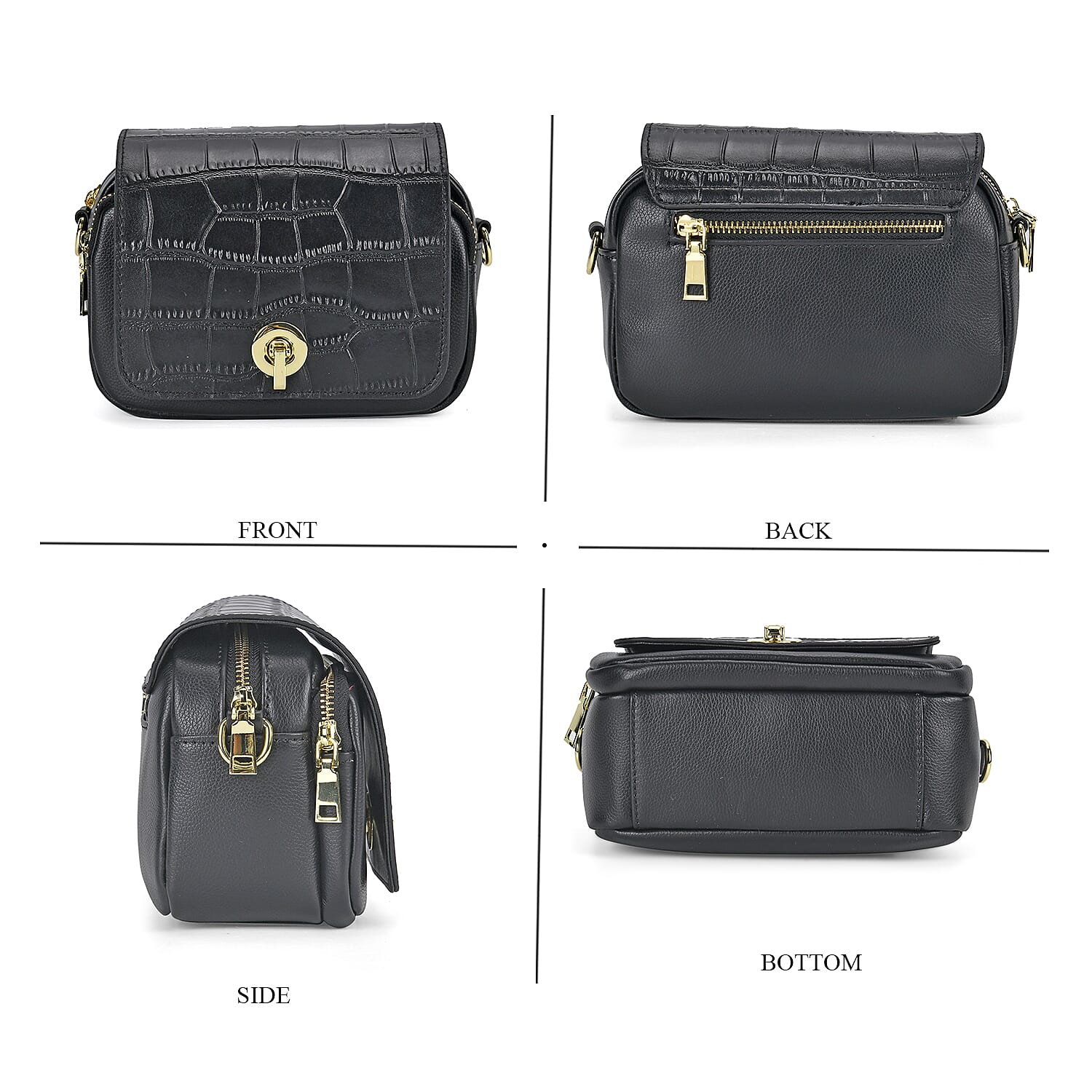Sencilez Of Barcelona 100% Genuine Leather Croc Emobossed Crossbody Bag - Black