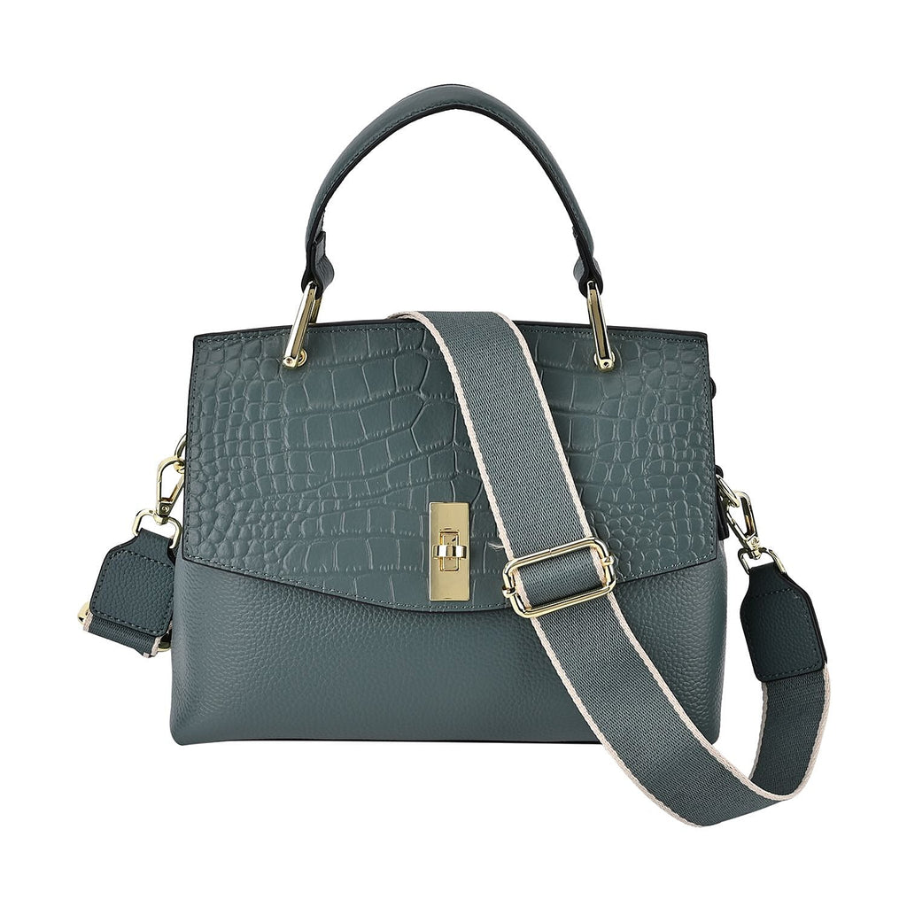 100% Genuine Leather Chic Crocodile Embossed Crossbody Bag with Handle Drop - 2 Adjustable Strap - Blue