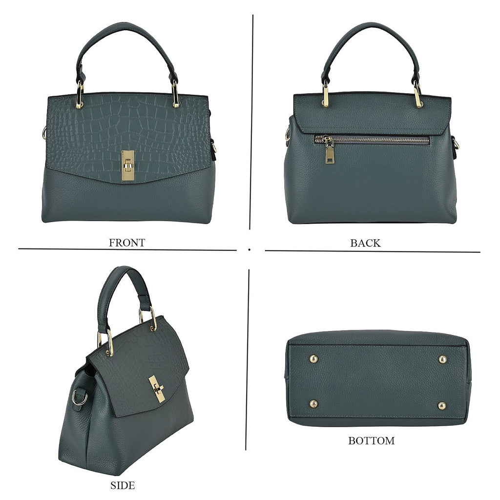 100% Genuine Leather Chic Crocodile Embossed Crossbody Bag with Handle Drop - 2 Adjustable Strap - Blue