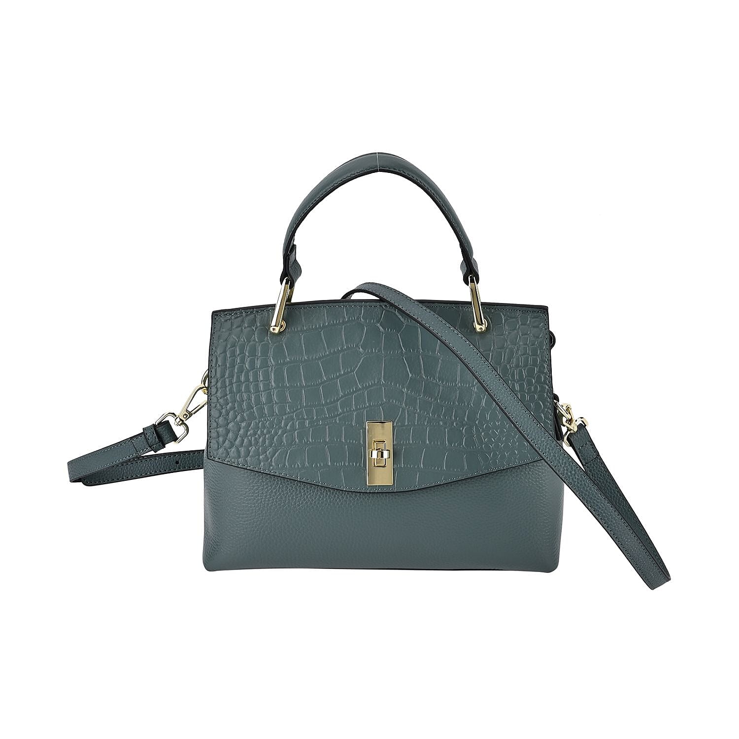 100% Genuine Leather Chic Crocodile Embossed Crossbody Bag with Handle Drop - 2 Adjustable Strap - Blue