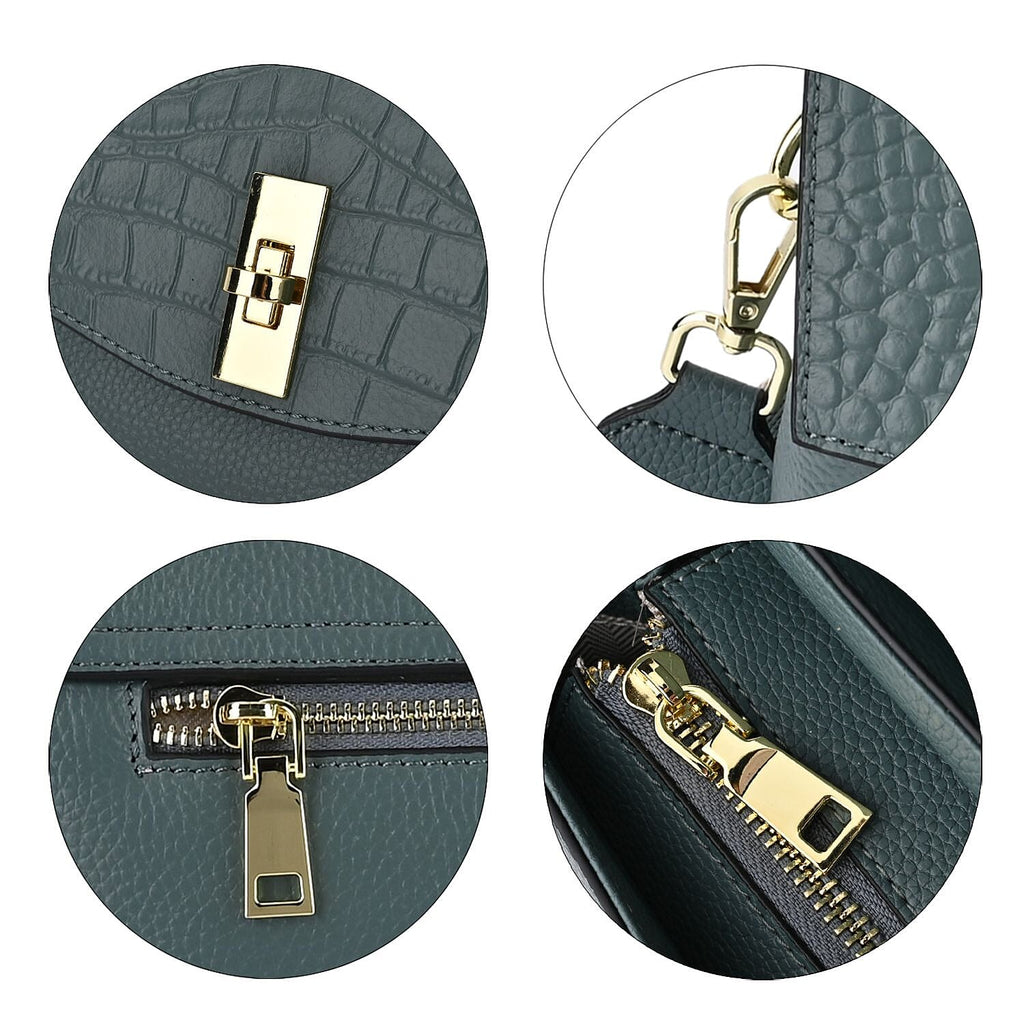 100% Genuine Leather Chic Crocodile Embossed Crossbody Bag with Handle Drop - 2 Adjustable Strap - Blue