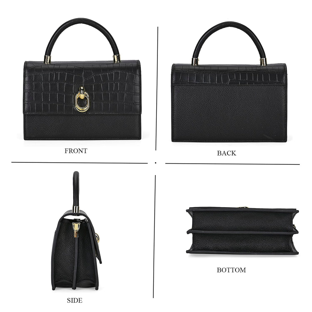 Designer Closeout - Genuine Leather Croc Embossed Crossbody Bag - Black