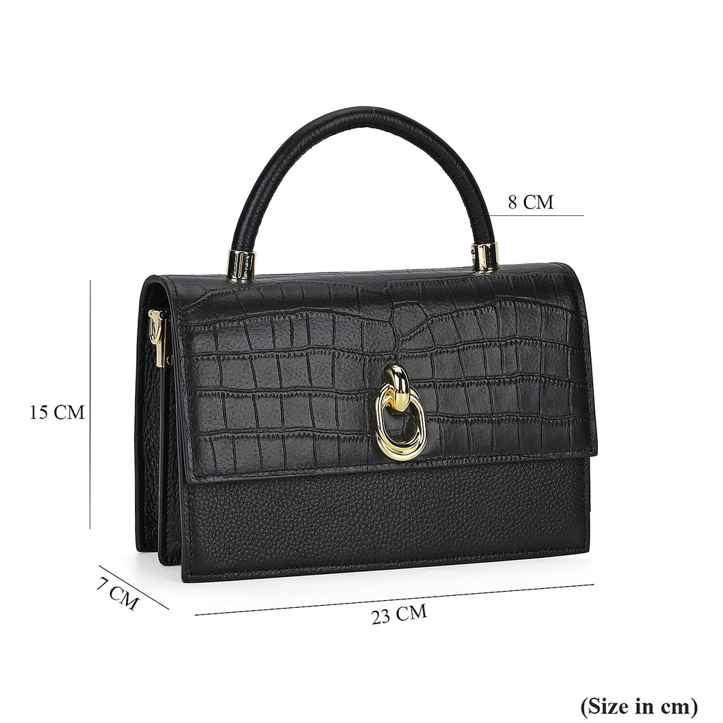 Designer Closeout - Genuine Leather Croc Embossed Crossbody Bag - Black