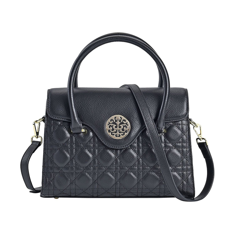 Genuine Leather Crossbody Bag with 2 Exterior Zipped Pockets - Shoulder Strap - Black
