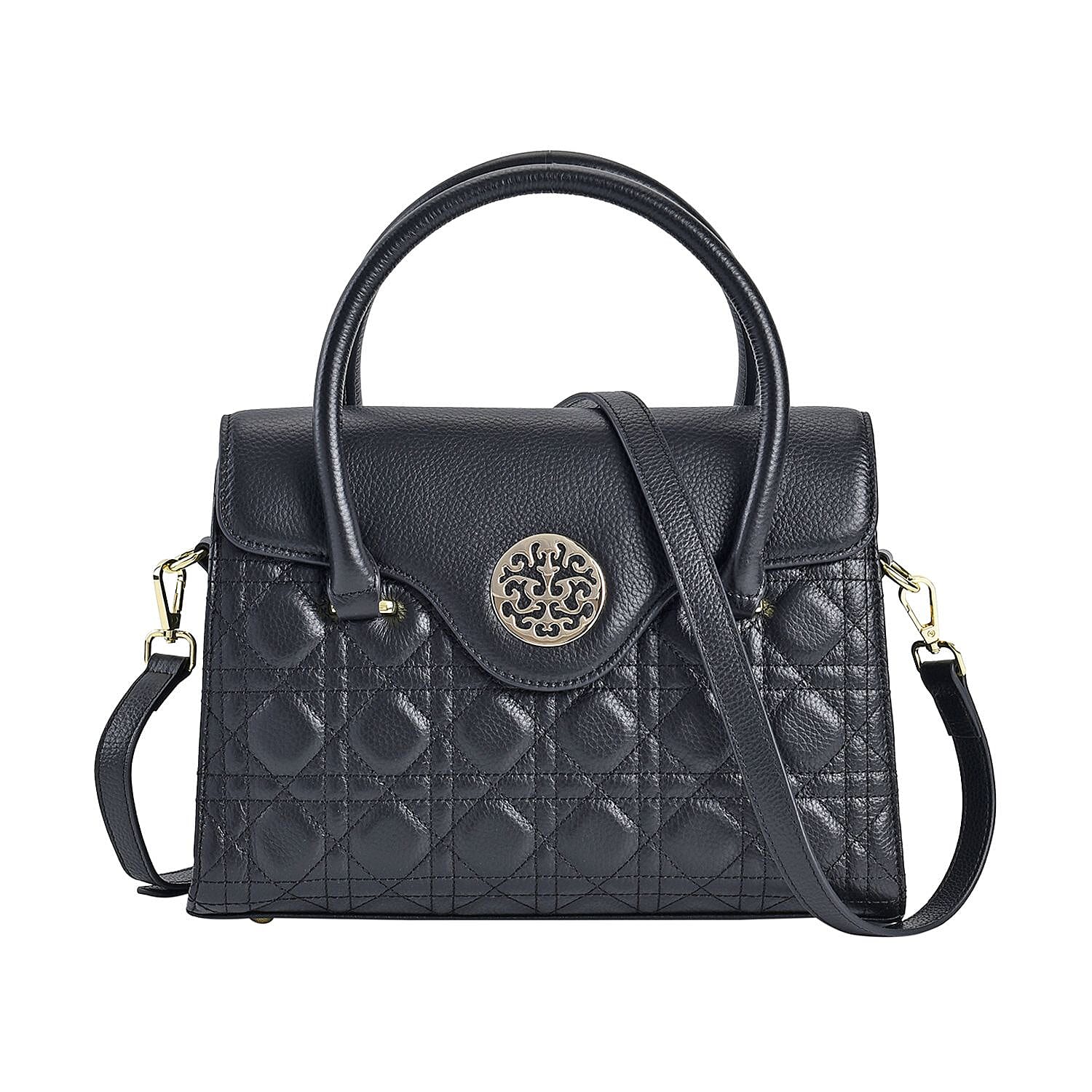 Genuine Leather Crossbody Bag with 2 Exterior Zipped Pockets - Shoulder Strap - Black