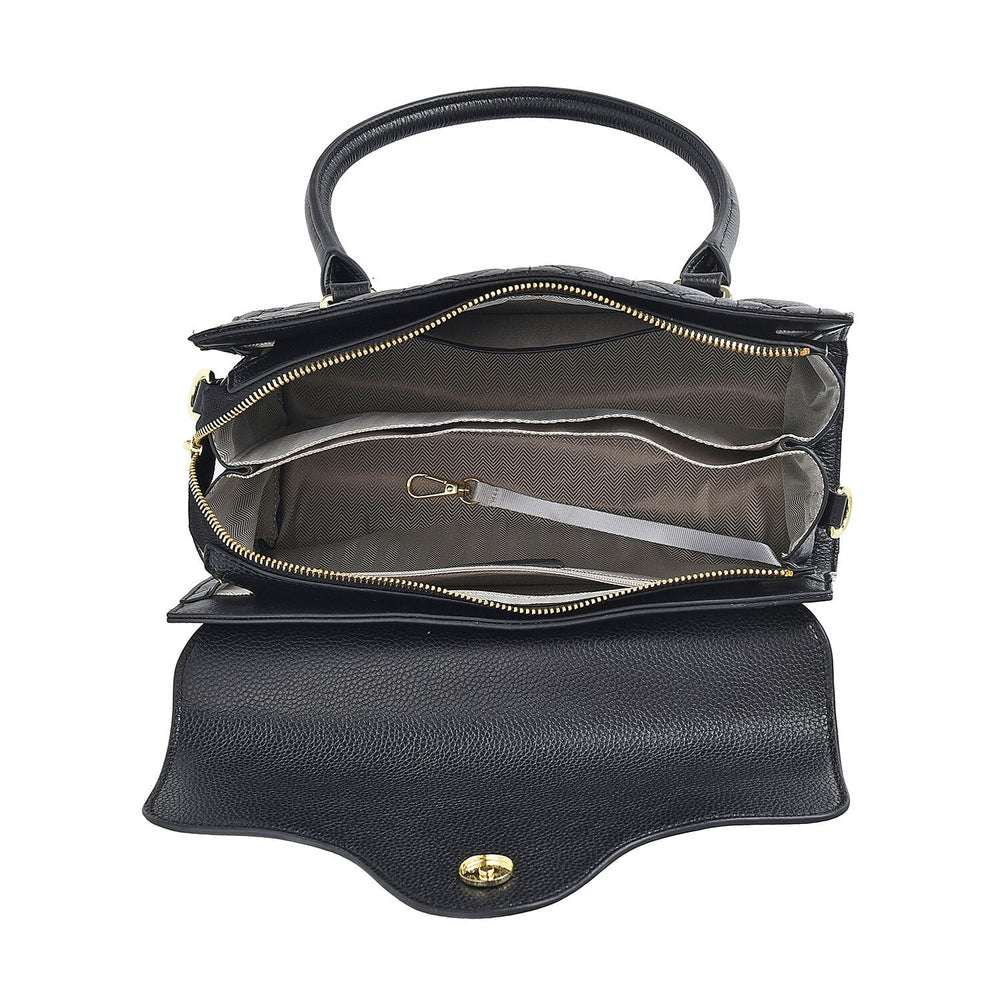 Genuine Leather Crossbody Bag with 2 Exterior Zipped Pockets - Shoulder Strap - Black