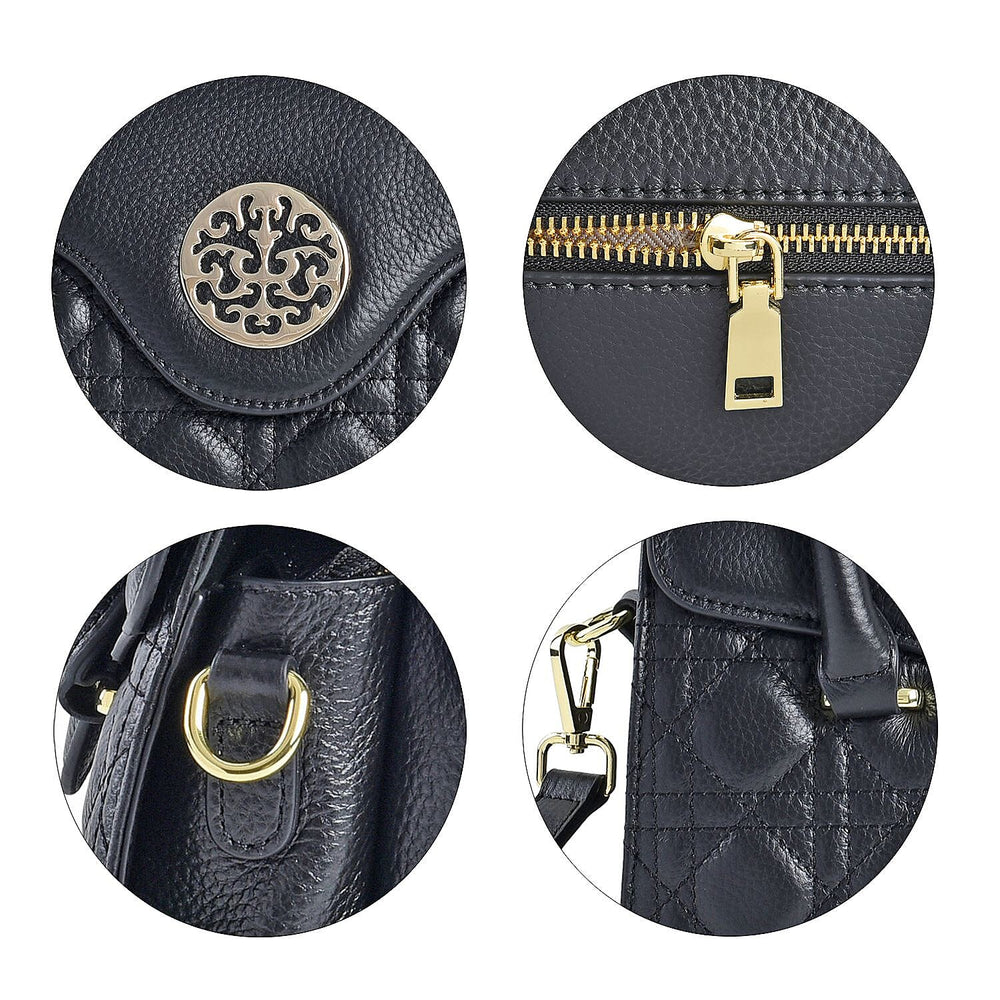 Genuine Leather Crossbody Bag with 2 Exterior Zipped Pockets - Shoulder Strap - Black