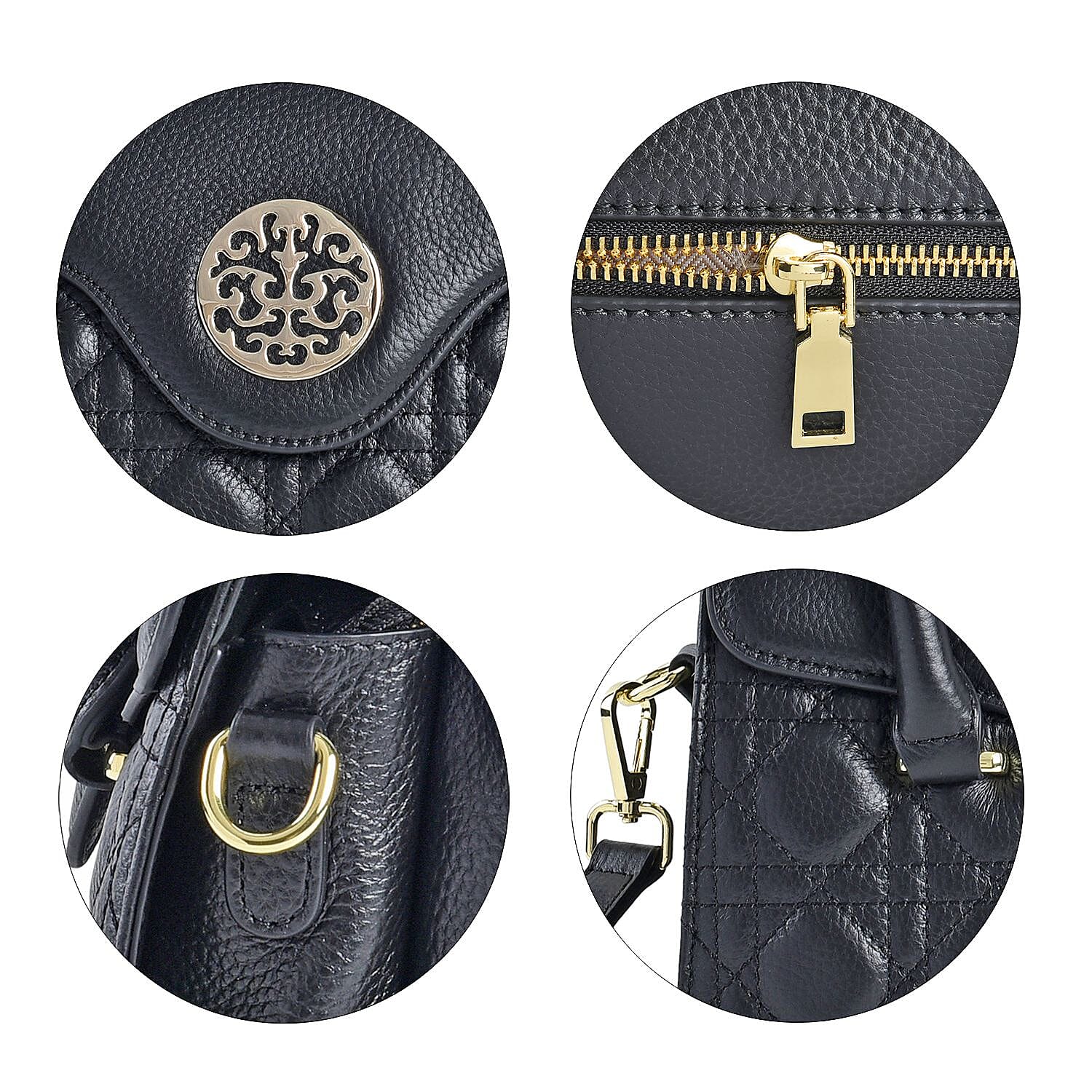 Genuine Leather Crossbody Bag with 2 Exterior Zipped Pockets - Shoulder Strap - Black