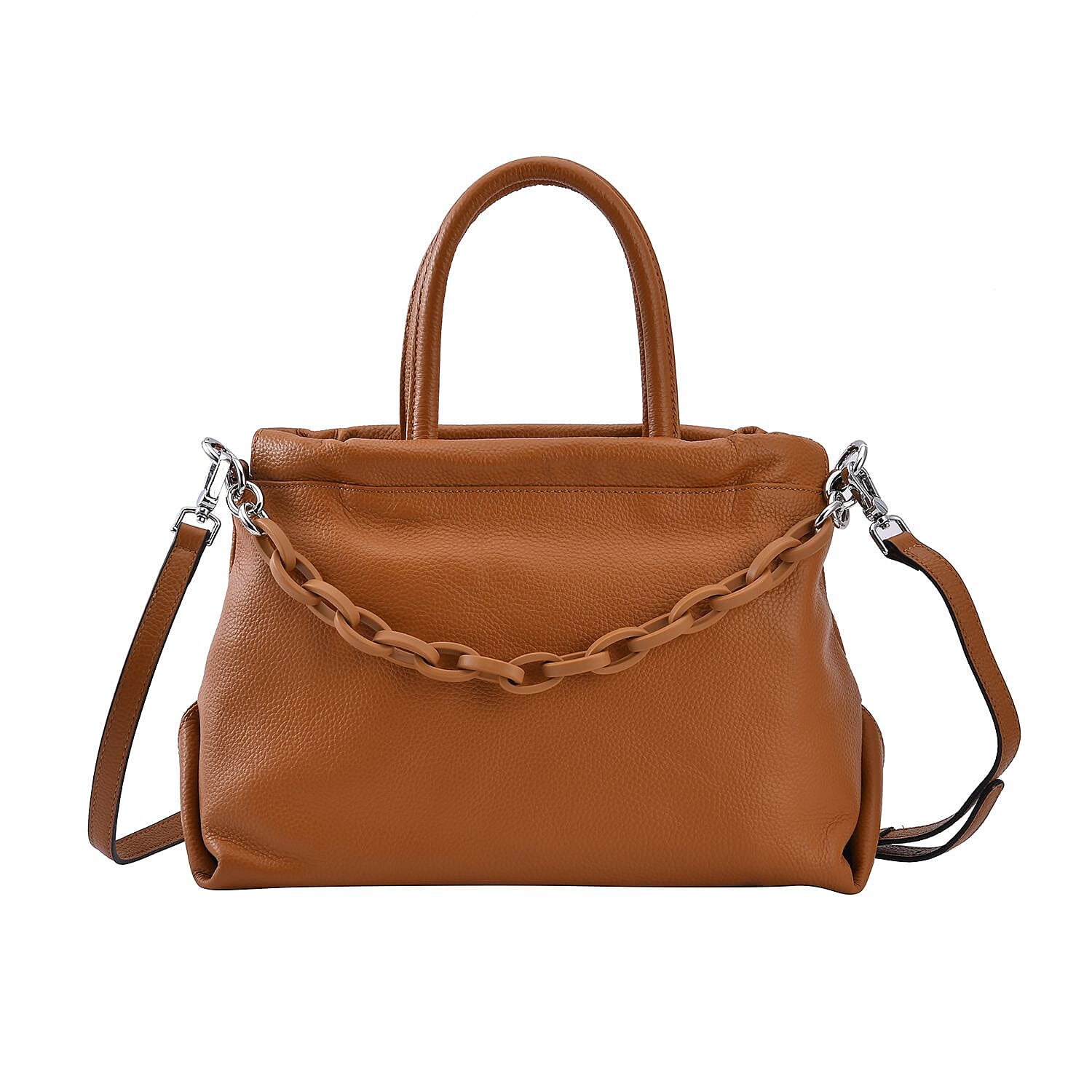 Genuine Leather Crossbody Bag with Chain - Apricot