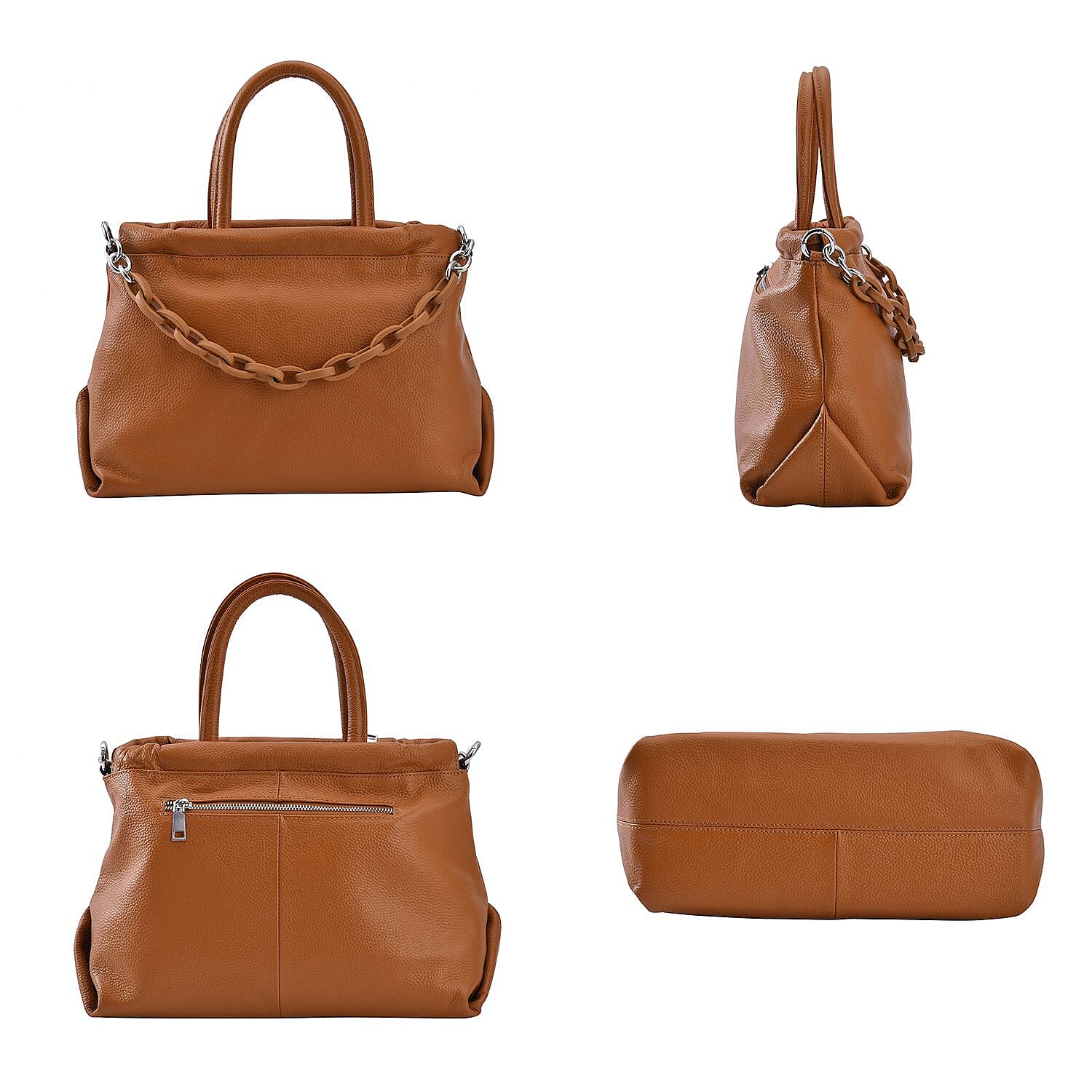 Genuine Leather Crossbody Bag with Chain - Apricot