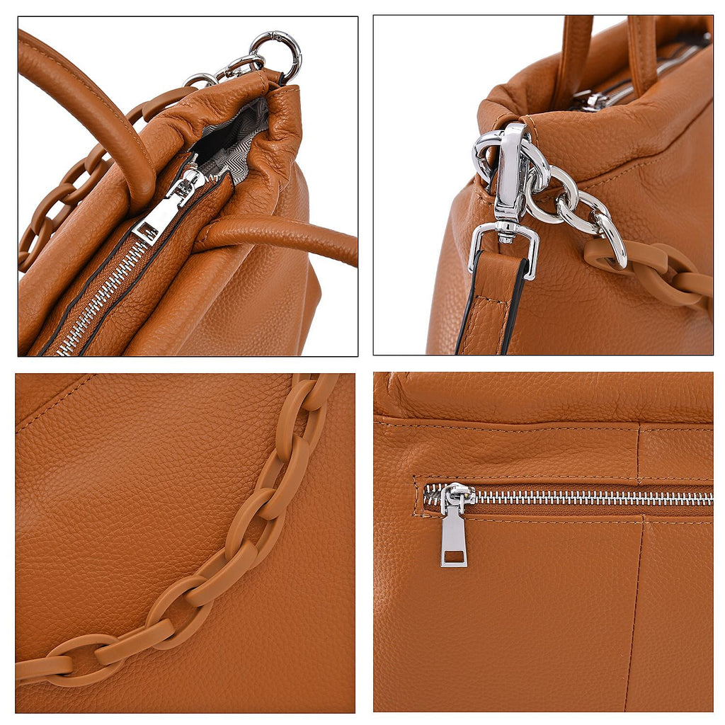 Genuine Leather Crossbody Bag with Chain - Apricot