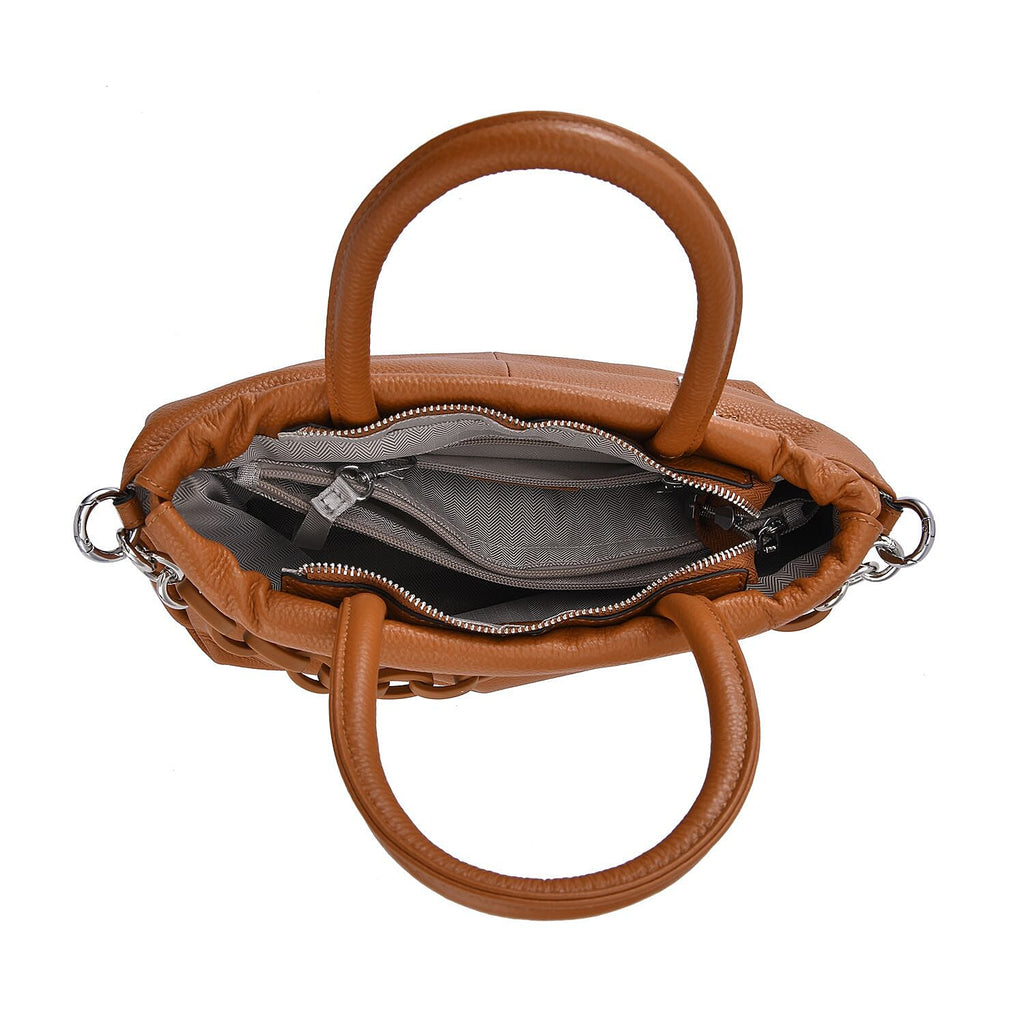 Genuine Leather Crossbody Bag with Chain - Apricot