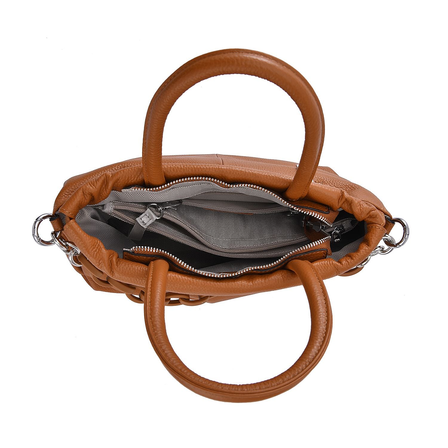 Genuine Leather Crossbody Bag with Chain - Apricot