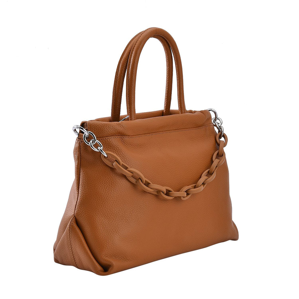 Genuine Leather Crossbody Bag with Chain - Apricot