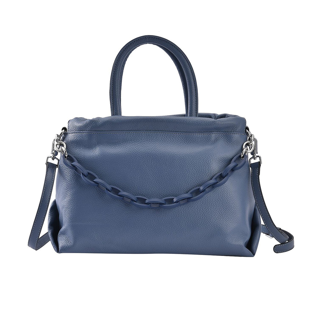 Genuine Leather Crossbody Bag with Chain - Blue